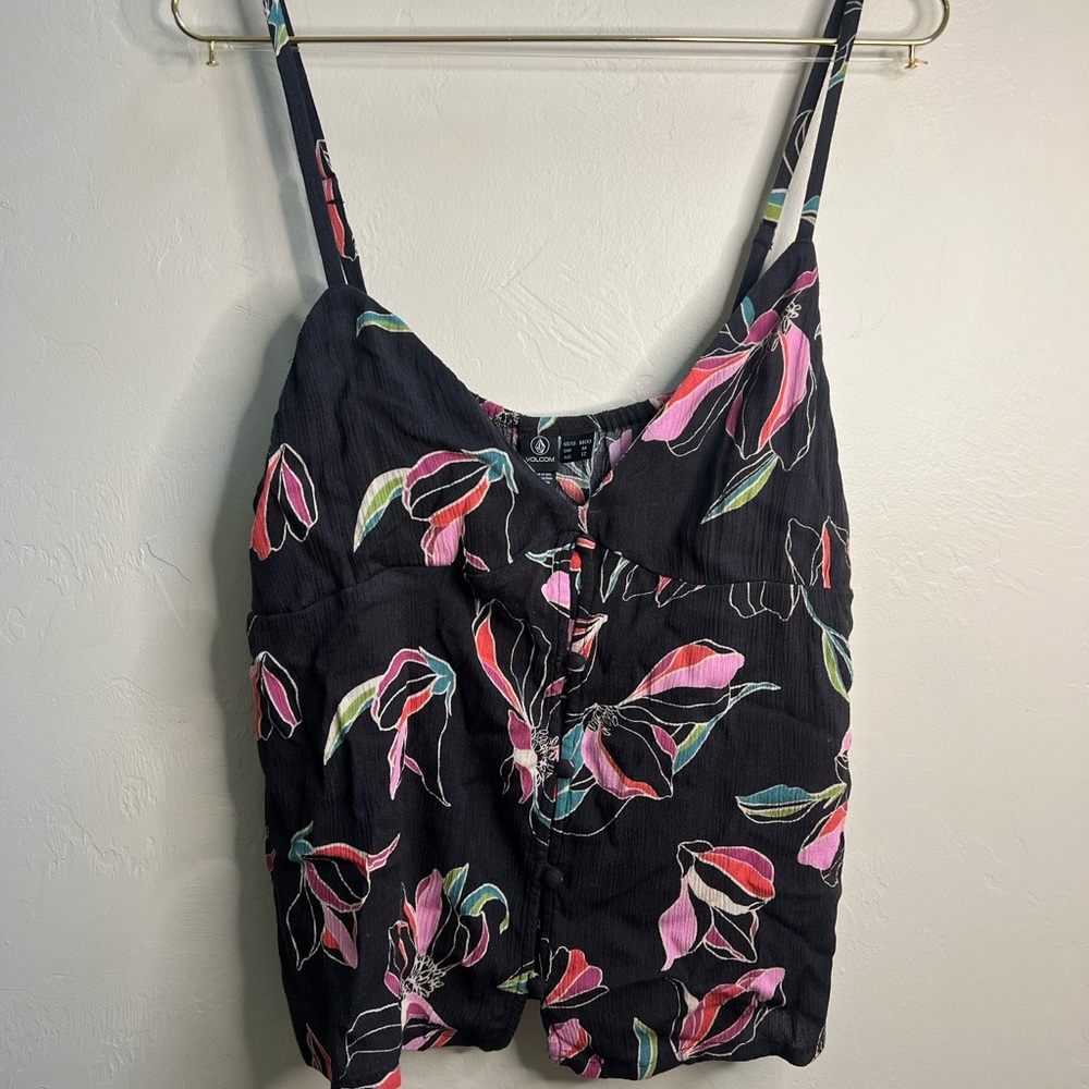 Volcom Black‎ Top with Pink and Red Floral Accents